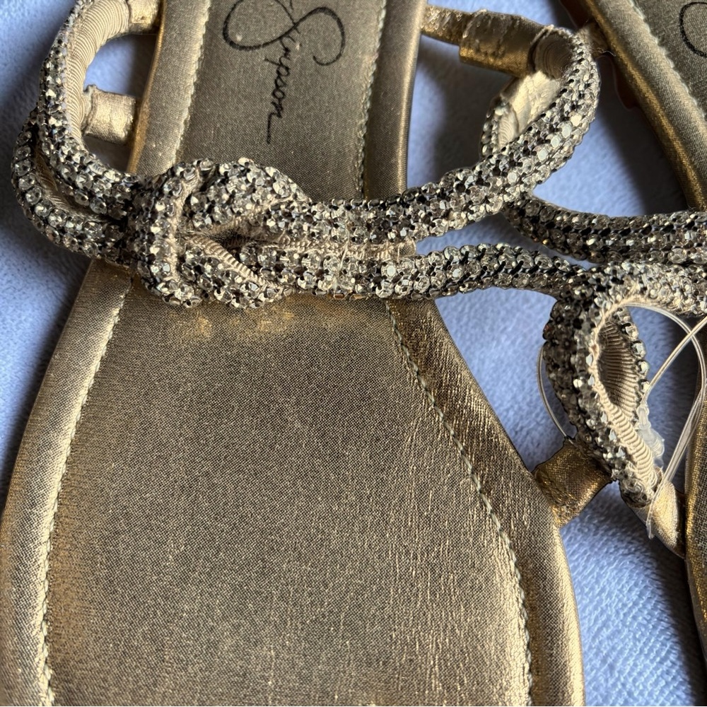 Jessica Simpson Metallic Gold Rhinestone T-Strap Sandals - Picture 2 of 2